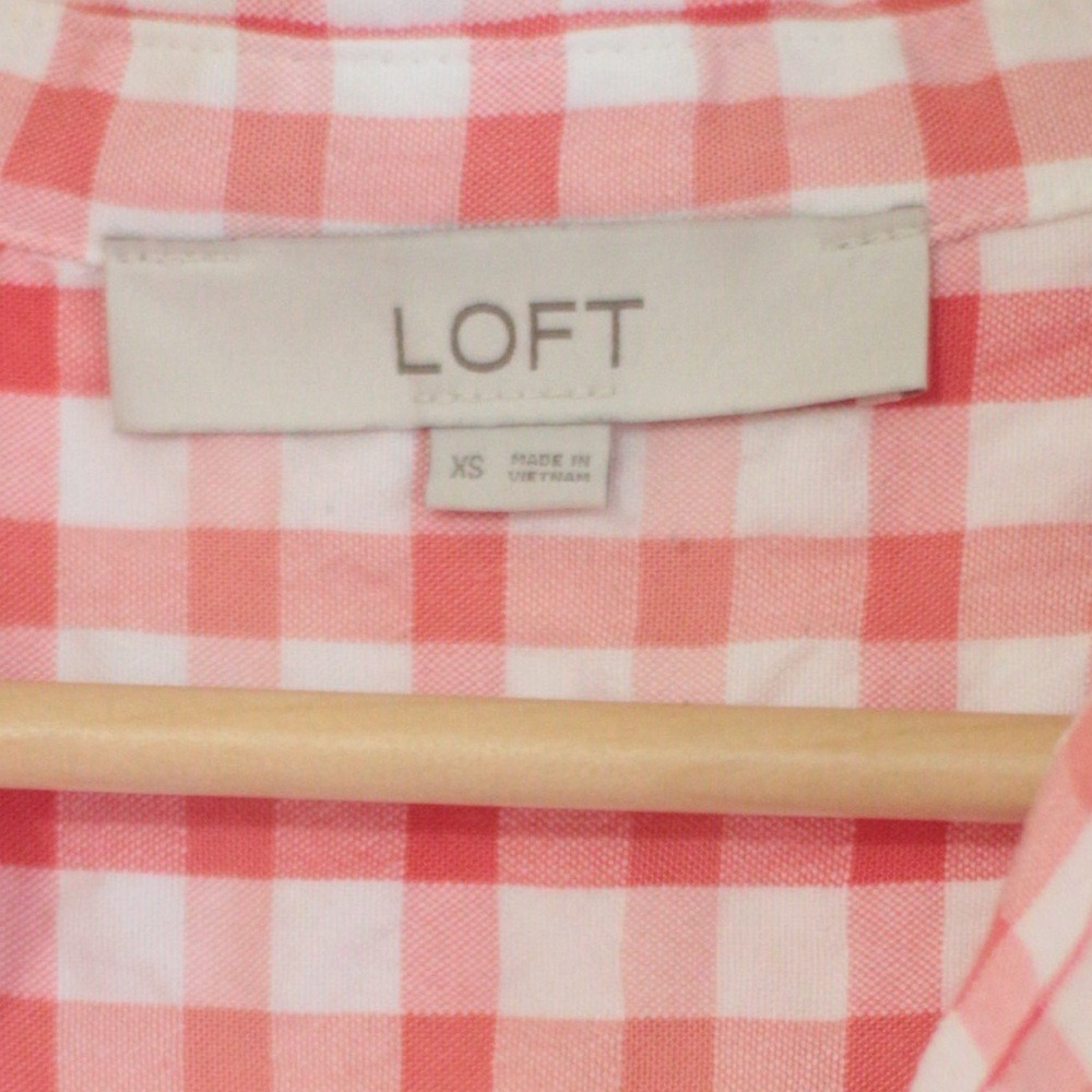 LOFT Pink White Plaid Collared Button-Up Blouse | Short Sleeve | XS - Picture 9 of 9